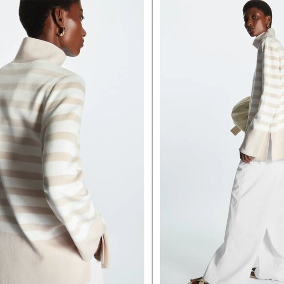 COS Roll Neck A Line Stripe Neutral Sweater Top Size Large $95 - Picture 3 of 11